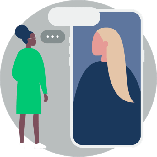Cartoon image of a girl standing next to a cell phone the same size as her. On the phone is a girl and they are both facing each other with text boxes floating above them. There is grey circle behind them.