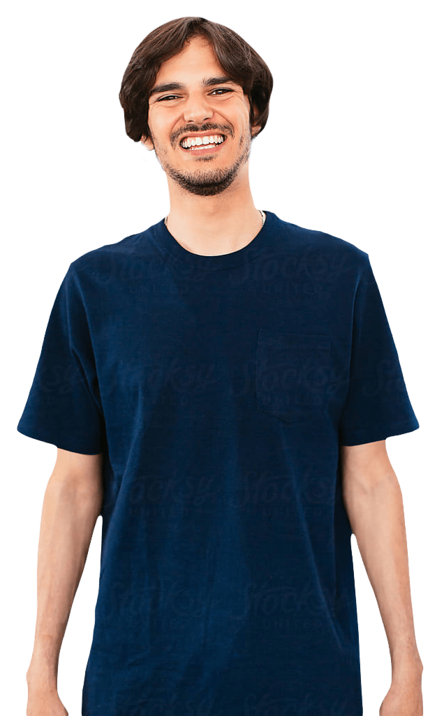 Man in a blue T-shirt smiling straight at the camera.