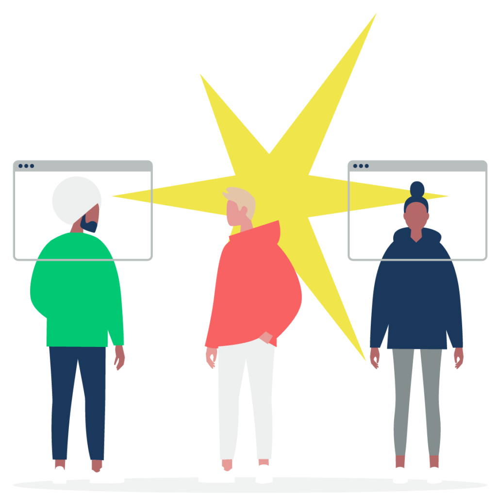 Cartoon image of three people standing in a line, two have a clear text box over their faces. There is a yellow star in the background.